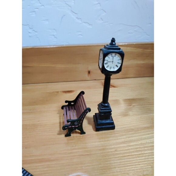 Lemax Village Accessory Black Town Clock Tower City Center + Metal Park Bench - Picture 2 of 6